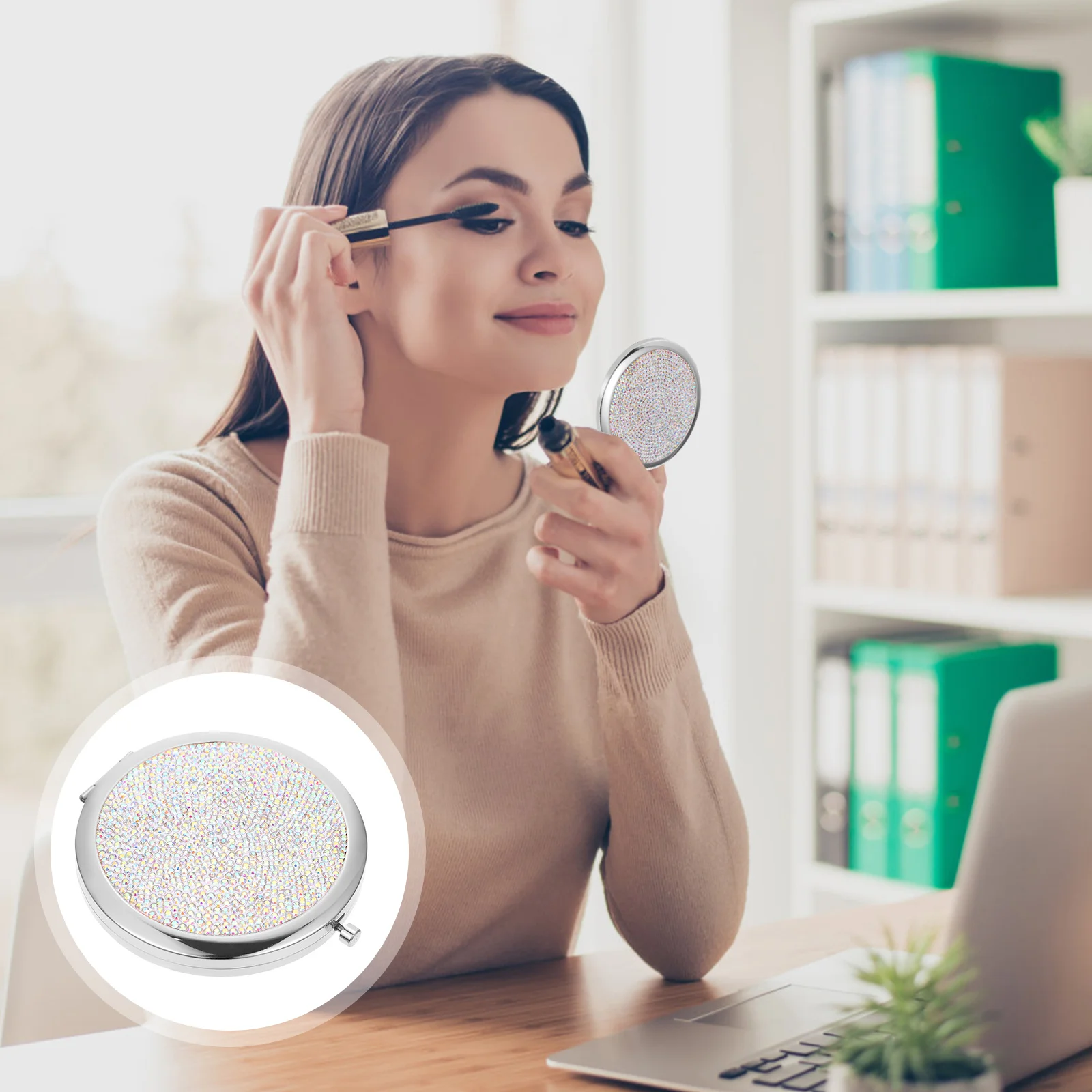 

Portable Double Side Rhinestone Compact Mirror Foldable Metal Outdoor Makeup Travel Pocket Mirror Festival Girls Gift