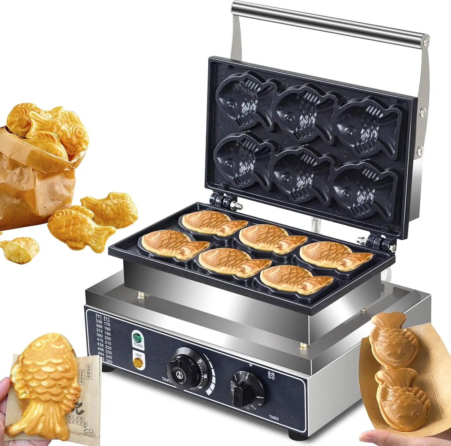 

Профессиональная электрическая вафельница для тайяки, 1600 Вт, с антипригарным покрытием из нержавеющей стали, готовит 6 мини-вафель в форме рыбок