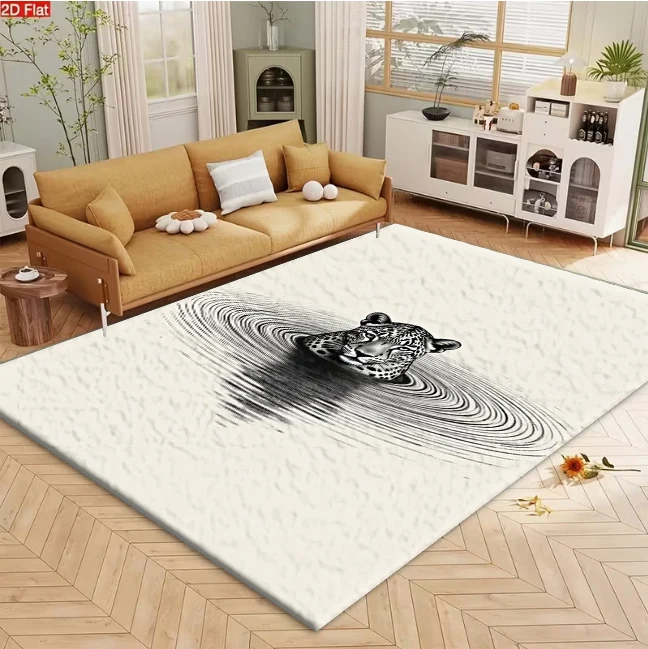 Black White Leopard Wave Art Carpet Flooring Abstract Wild Animal Printed Area Rug for Living Room Office Home Decor