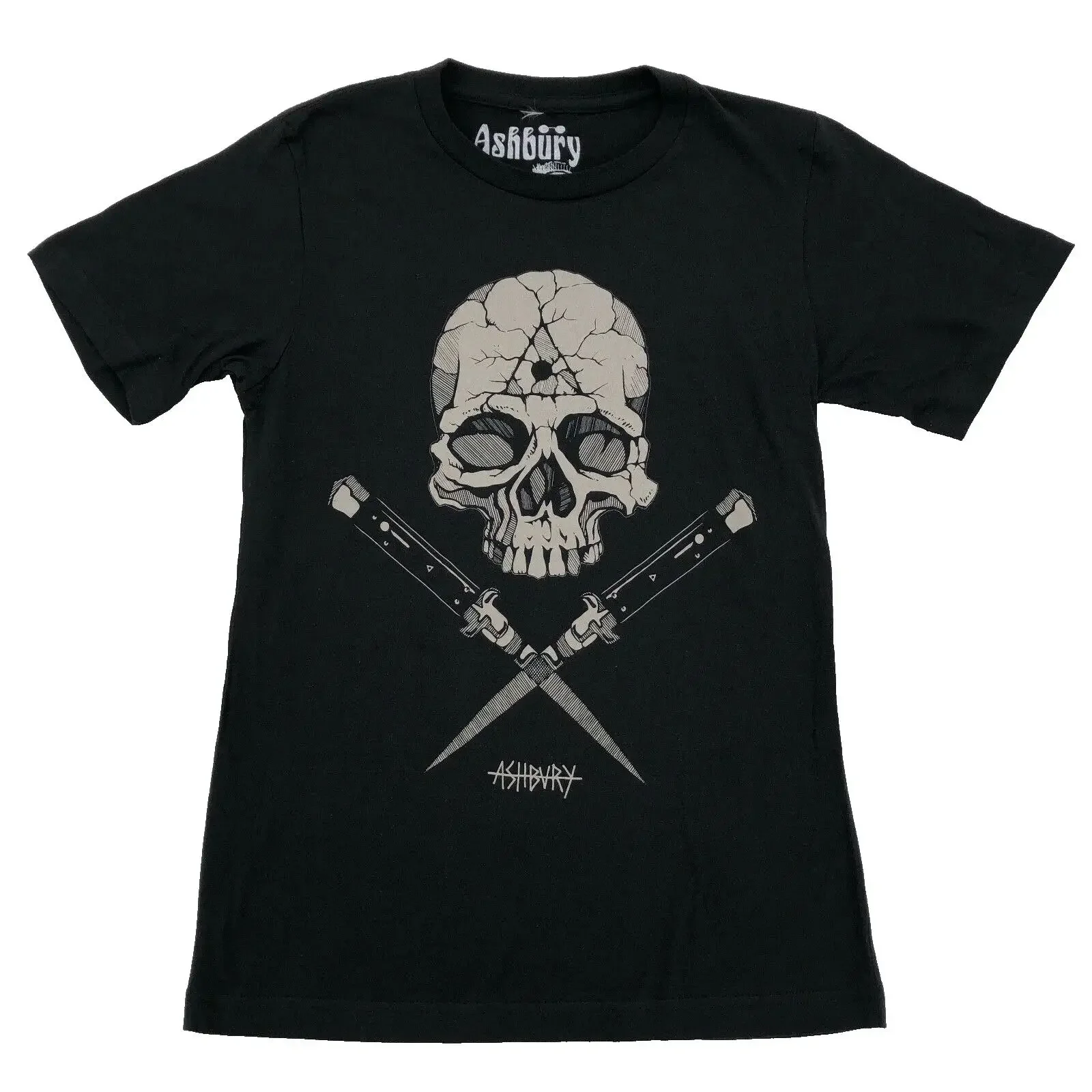 Camiseta Masculina Ashbury Tamanho Pequeno Preta com Estampa de Caveira e Facas, Estilo Skater Streetwear Gótico, Nova, Vintage, Lavada, Respirável, Confortável e Moderna