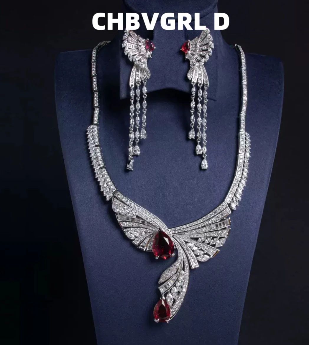 

[Elegant] Korean Luxury Water Drop Lace Earrings Necklace Set with Micro Zircon New Bride Jewelry Set for Banquet Party Jewelry