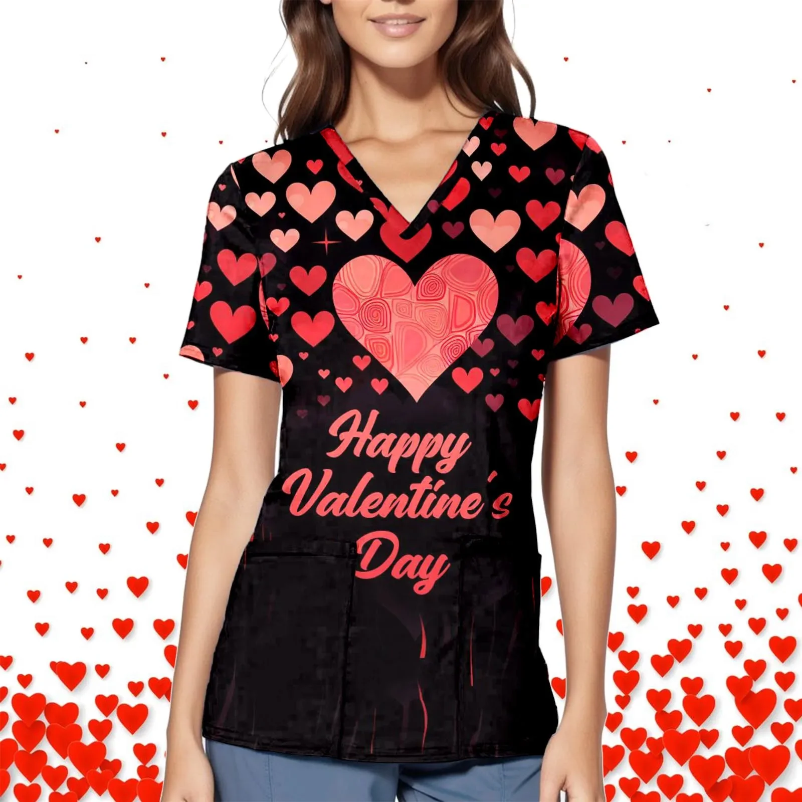 

Valentine's Day Uniforms Tops for Women Print Scrub Tops Hospital Pet Grooming Uniforms Nurses Dentist Work Tee Tops