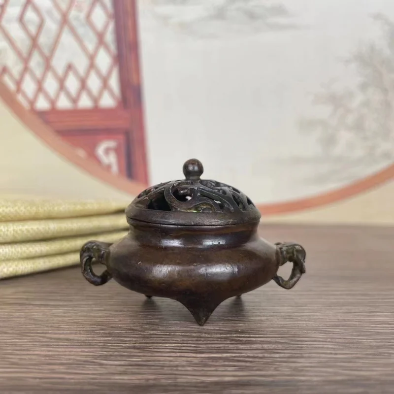 Handmade copper with elephant head and ears, three-legged mini incense burner ornament