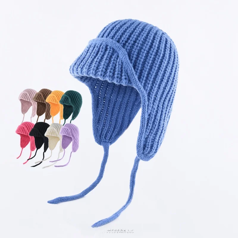 

Korean Sle Ear Protection Knitted Woolen Cap ex Autumn Winter Warm Flng Ski Cap Faionable Color Tie Design