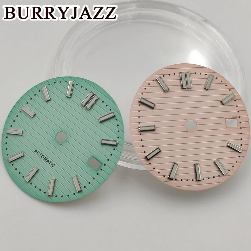 BURRYJAZZ 30.5mm No Logo NH35 Watch Dials Green Pink Dial Green Luminous Fit 3 O'clock 3.8 O'clock Case Crown