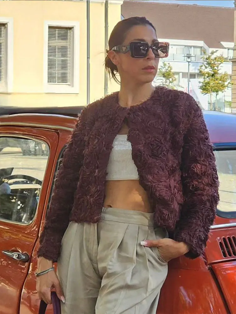 

HH Women Fashion Textured 3D Flower Short Coat O Neck Long Sleeve Cardigan Jacket Spring Female Casual Solid Streetwear