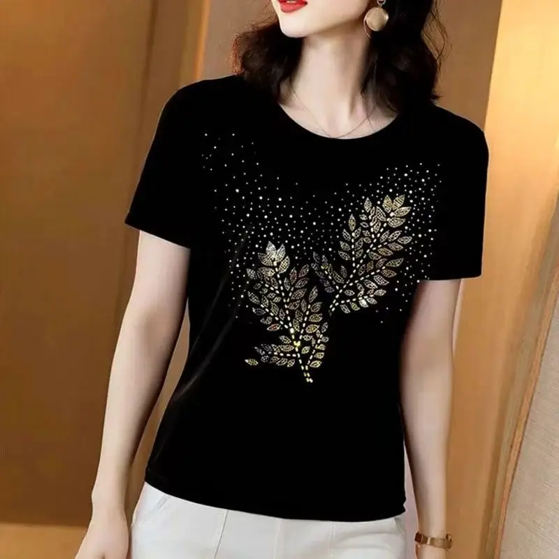 2024 New Fashion Undercoat Ladies Casual Tops Summer Solid Color Pullovers All-match Diamonds T-Shirts Black Women's Clothing