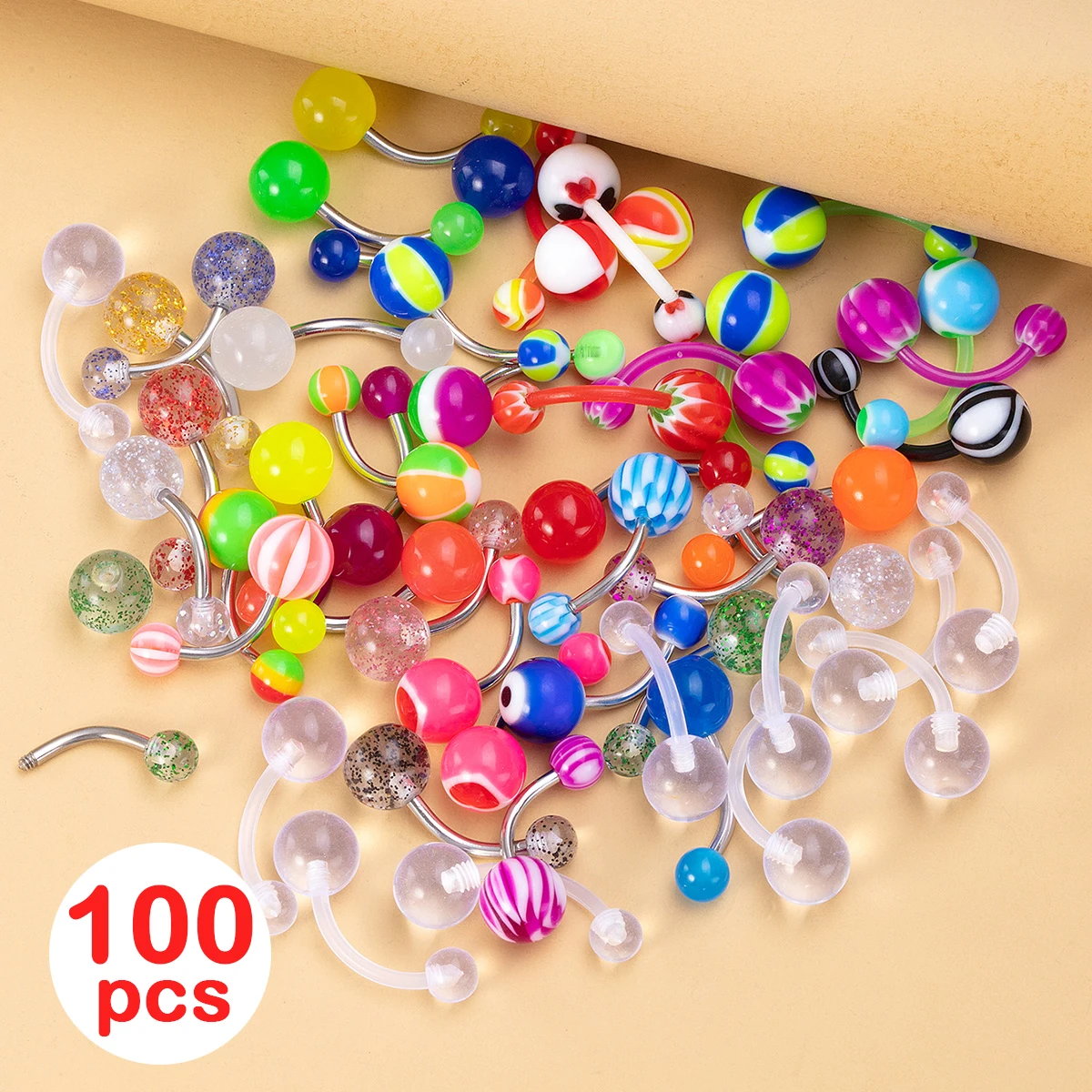 Colorful Acrylic Ball Belly Button Rings Set, 50-100pcs