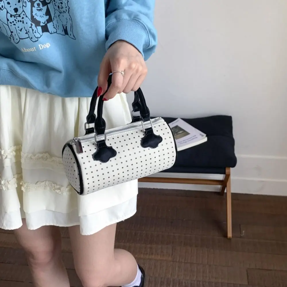 

Vintage French Style Polka Dot Bowling Bag Large Capacity PU Leather Boston Shoulder Bag Cute Casual Women Handbags Girls