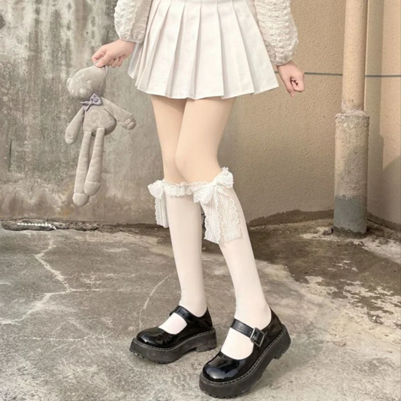 1/2 Paar Damen-Wadensocken mit Schleifenband, modisch, Lolita, JK, süßer Stil, weich, bequem, atmungsaktiv, für alle Jahreszeiten, allgemeine Freizeitsocken – Detail 5