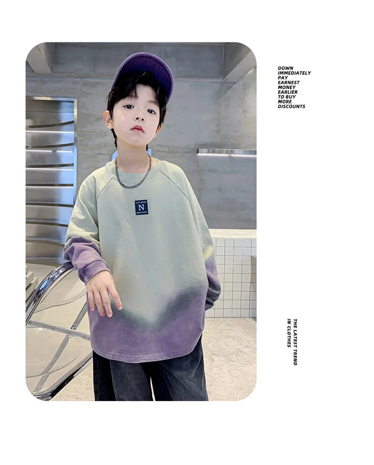 Neues koreanisches Sweatshirt für Jungen, Teenager, Herbst, Kinderbekleidung, Baumwoll-Oberteil, Farbverlauf-Sweatshirt, bedruckt, Schulkinderkleidung – Detail 6