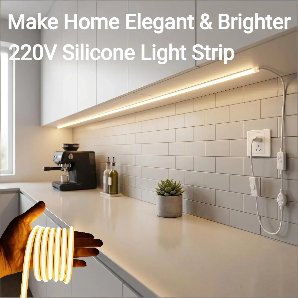 

High Brightness COB LED Strip 220V, Seamless Linear Neon Rope Light with Switch, CRI 90+ Flexible Silicone Tape for Home Decor
