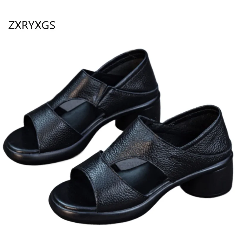 

ZXRYXGS 2026 New Top Cowhide Summer Open Toes Fish Mouth Sandals Comfortable Elegant Mid Heel Sandals Women Real Leather Sandals