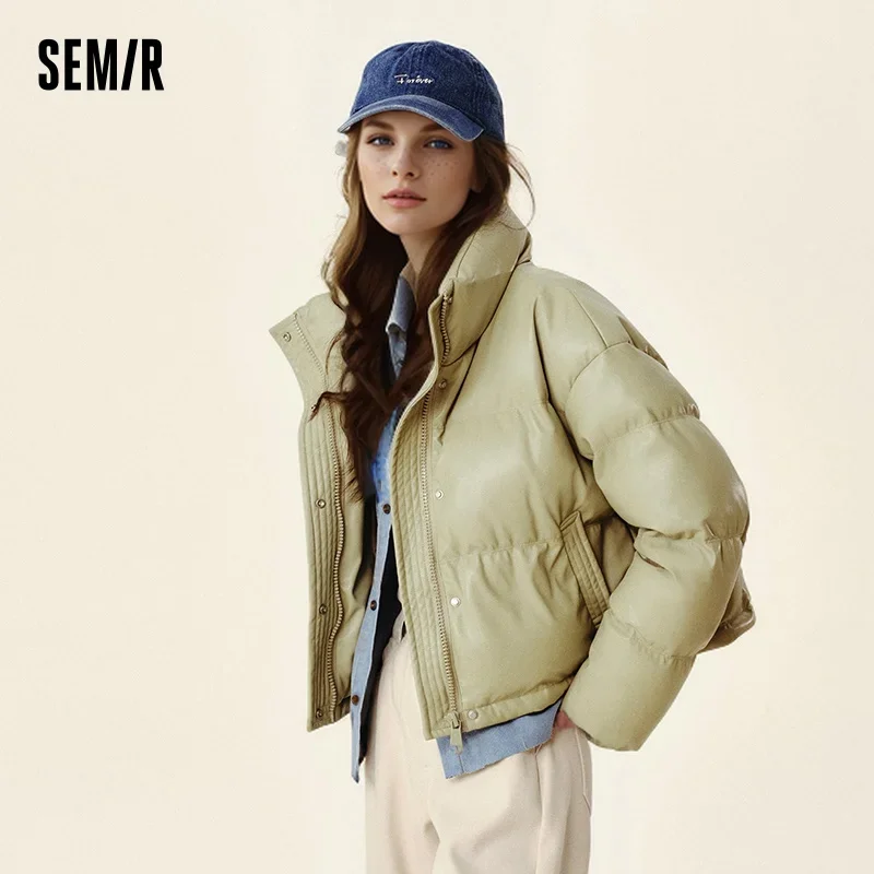 Semir Down Jacket Women Short Stand-Up Collar Petite Elegant Gentle 2024 New Winter Loose Imitation Leather Casual Down Jacket