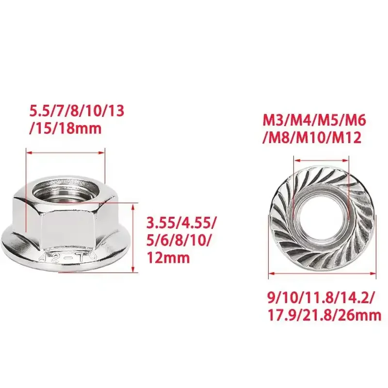 

304 Stainless Steel Serrated Flange Nut M3 M4 M5 M6 M8 M10 M12 Hex Flange Lock Nut Hardware Fastener 1/10/20/50/100Pcs