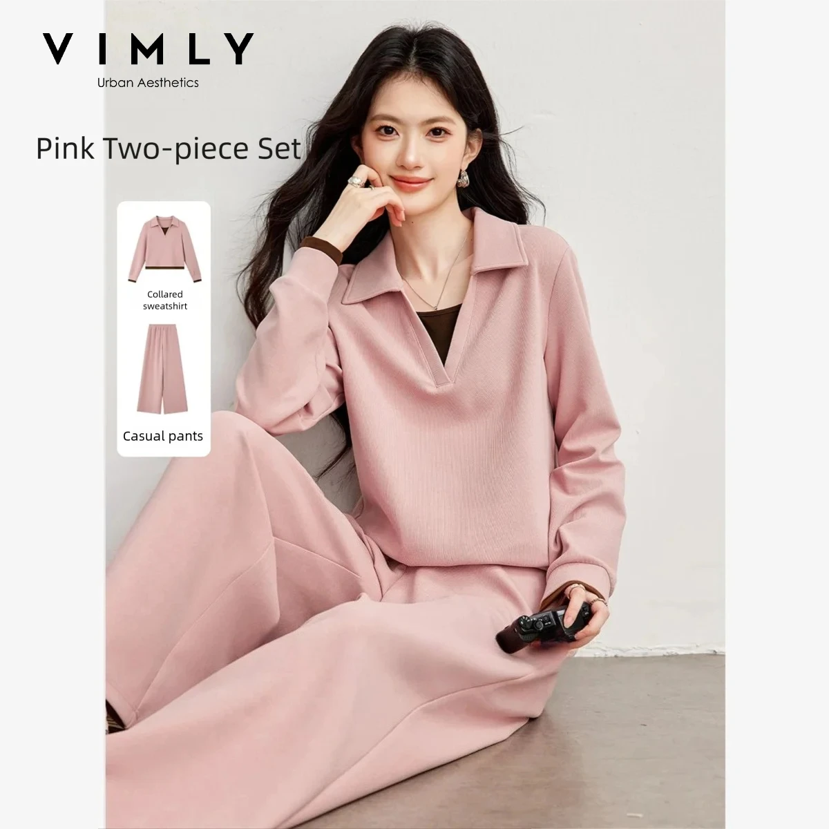 VIMLY Pink Casual Sweatshirt Set Women 2026 Autumn Color Contrast Lapel Pullover Wide-leg Baggy Pants Two‑piece Set Female A7276