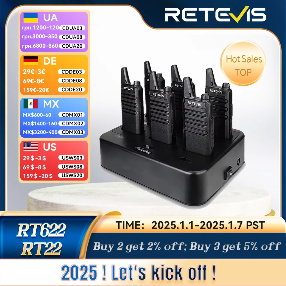 Retevis Mini Walkie Talkie Profesional 6 Piezas con Cargador de 6 Vías Largo Alcance Recargable Portatil RT622 VOX PMR446 sin Licencia para