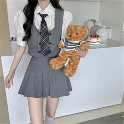 American Hot Girl Style High Waist Pleated Skirt Sets A line JK Uniform Suitd Short-sleeved Shirt and Tie Vest Female Summer