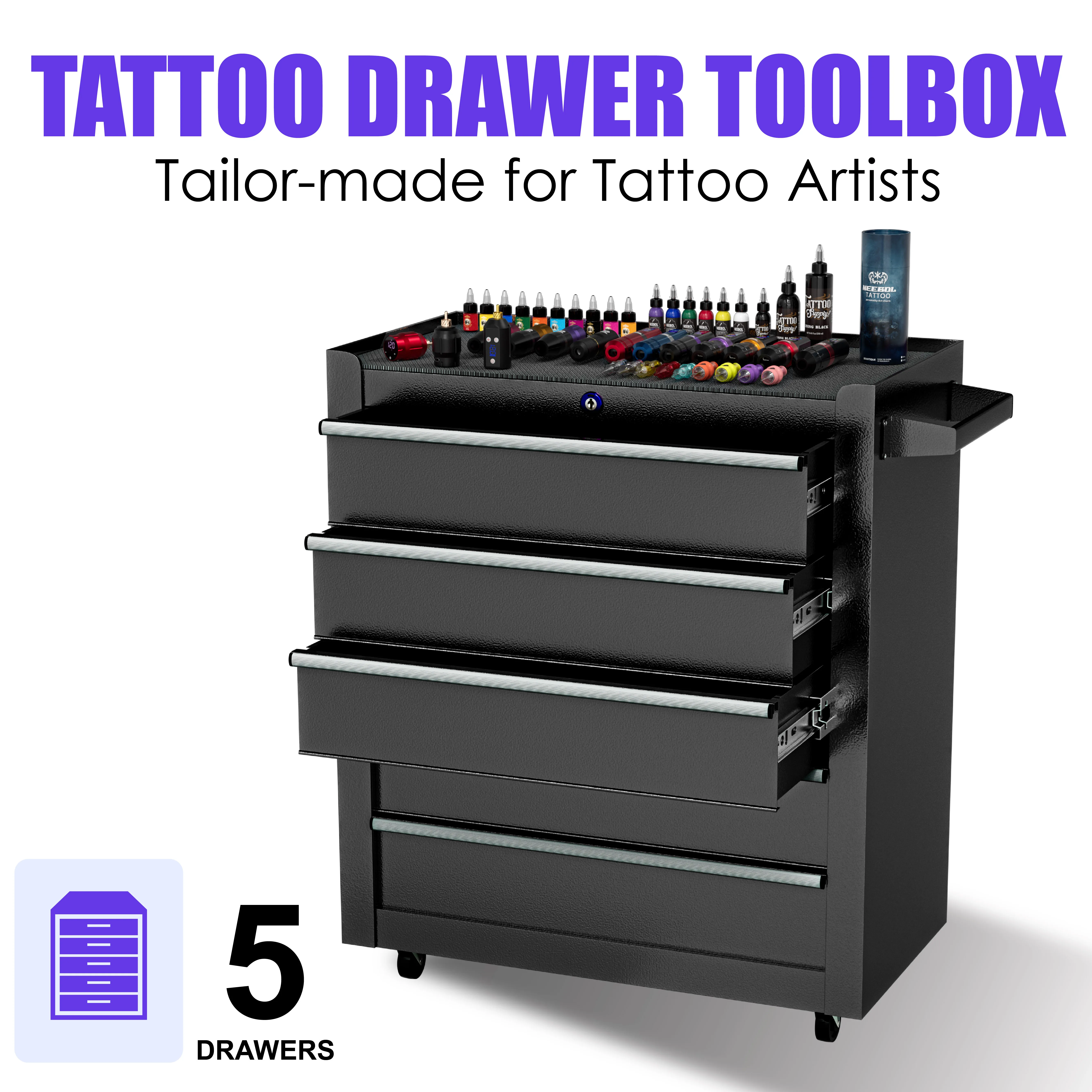 

Neebol 5-Drawer Lockable Rolling Storage Cabinet for Tattoo Supplies & Beauty Salon, Metal Organizer Tool Chest Makeup Spa Use