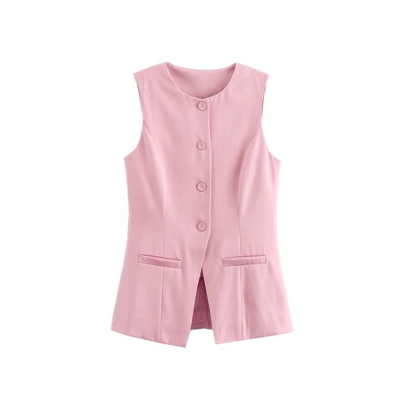 Gilet con decorazione bottoni alla moda per donna Gilet estivo senza maniche con scollo a O Capispalla femminile casual Top chic