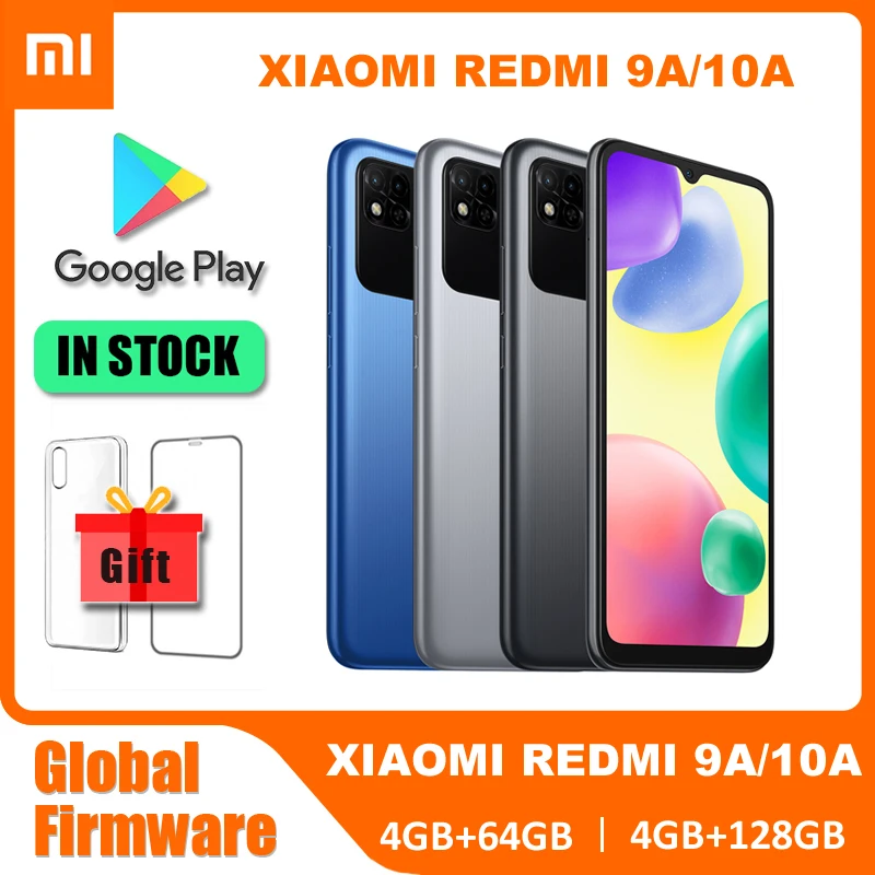 Xiaomi-teléfono inteligente Redmi 9A/10A Original, Smartphone con Firmware Global, 4GB + 64GB/128GB, desbloqueado, carcasa gratis, película de vidrio