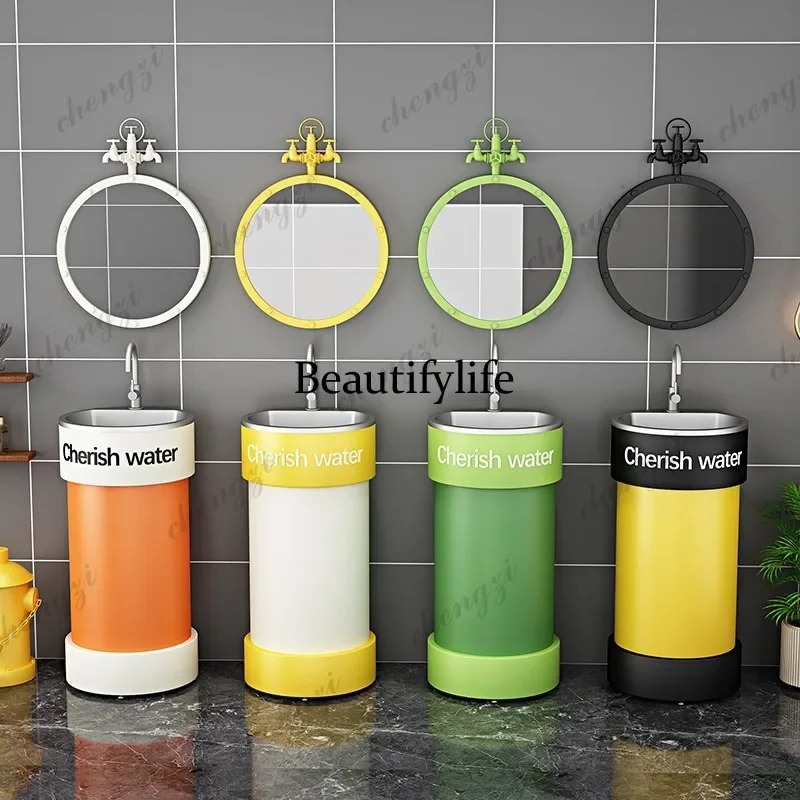 D1089 industrial style bar retro column wash basin cabinet commercial creative round stainless steel wash basin color