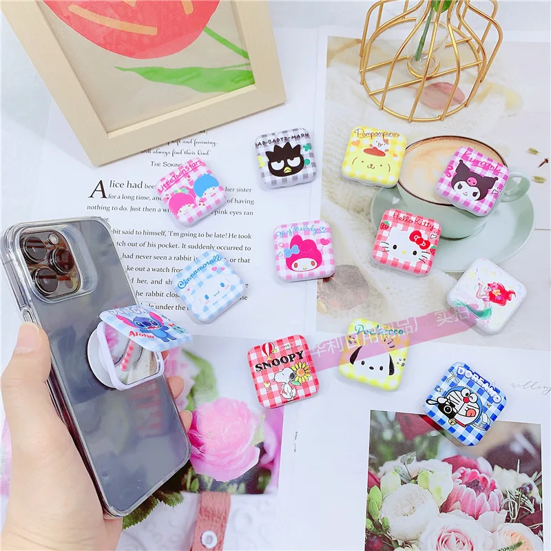 Kawaii Sanrio Phone Airbag Holder Hello Kitty Mymelody Kuromi Cinnamoroll Cute Anime Retractable Holder with Makeup Mirror Gift