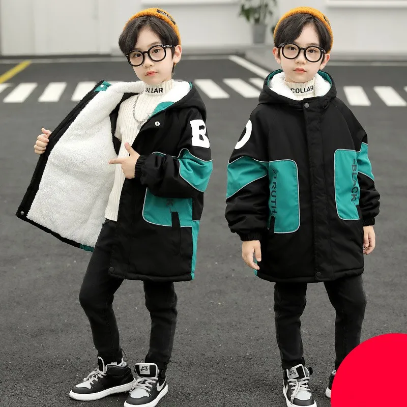 

Winter Warm Boys Patchwork Alphabet Fleece Lined Zip Long Puff Jackets School Kids Windbreaker Parka Child Coat Outfits 3-16 Yr