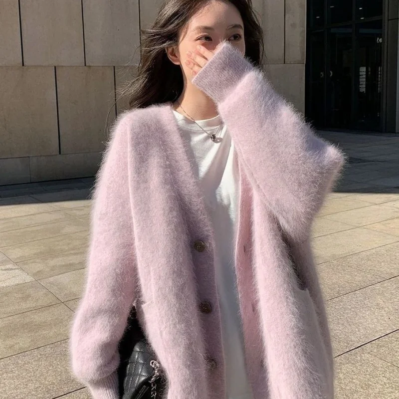 

Pink Mink Velvet Sweater Coat Women, Autumn And Winter, Gentle And Lazy Mid-Length Outerwear, Fufu Knitted Cardigan