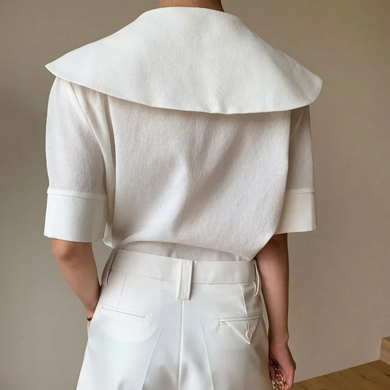 2023 Autumn Retro Big Lapel Ladies Tops Summer Personality Short Sleeve Loose Shirt Women Blusas White Elegant Button Up Blouse