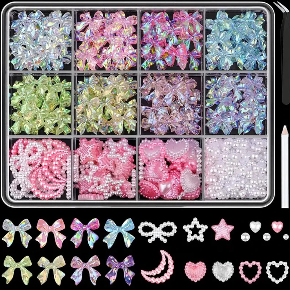 300pcs/12Grids 3D Resin Bow Tie Nail Art Charm Kit Aurora Bownot Flat Back Pearls Nail Art Rhinestones DIY Ladies' Nail Decor