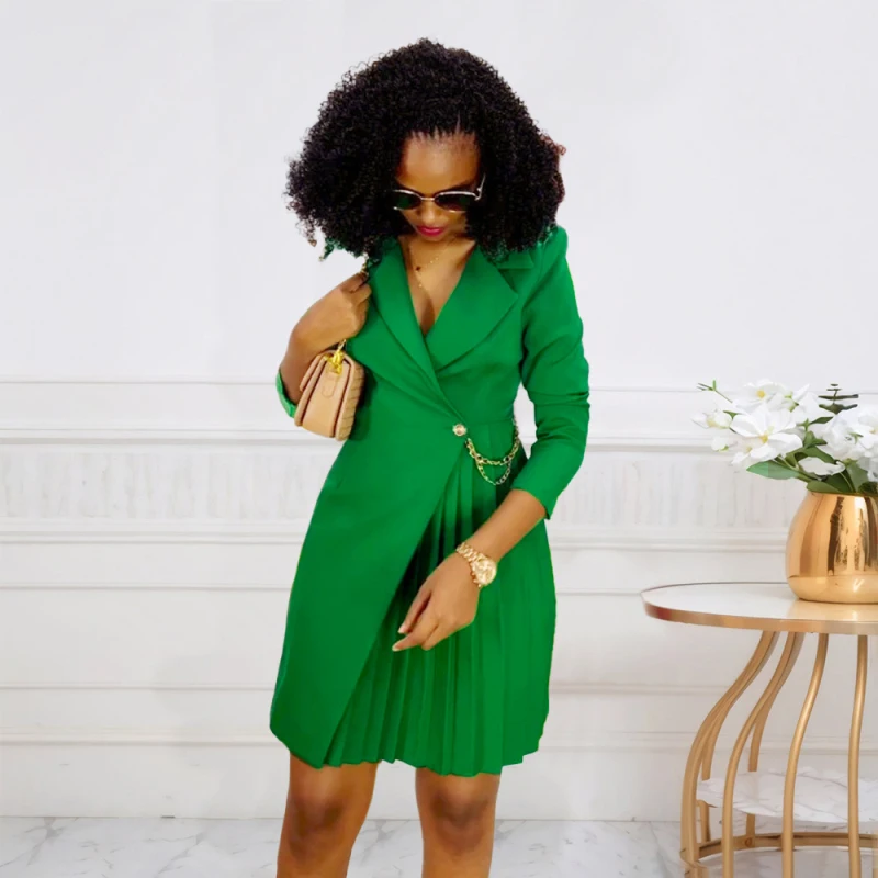 African Fashion New Design Chic Women Dress Solid Color Slim Waist Crimping Chain Pachwork Blazer Dress Office Lady Clothing