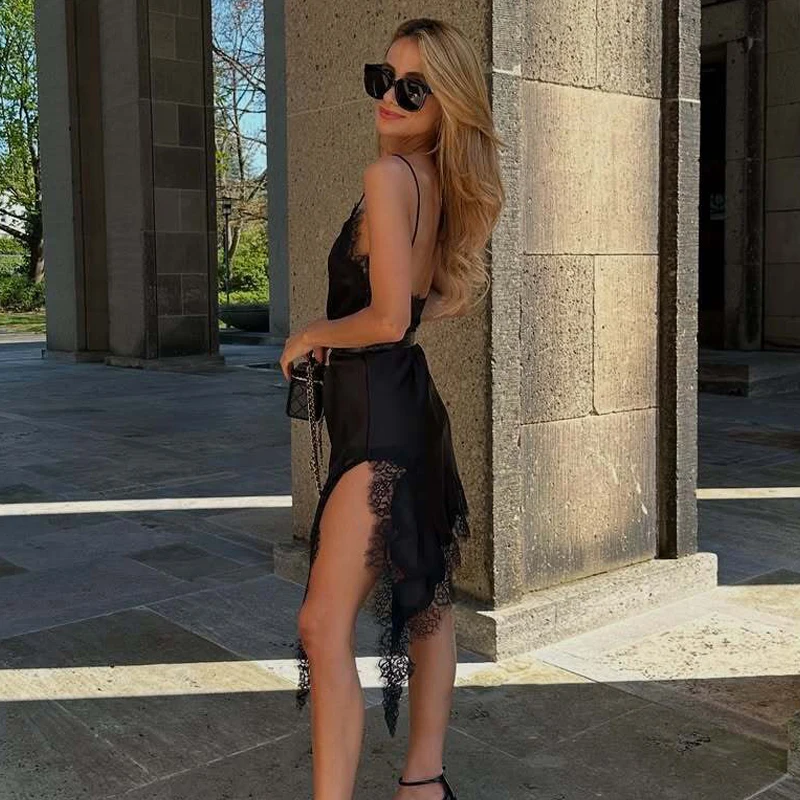 MUJER Abito sottoveste in pizzo nero Abiti corti da festa in raso da donna per le donne Abiti da donna sexy senza schienale Mini abito da notte asimmetrico