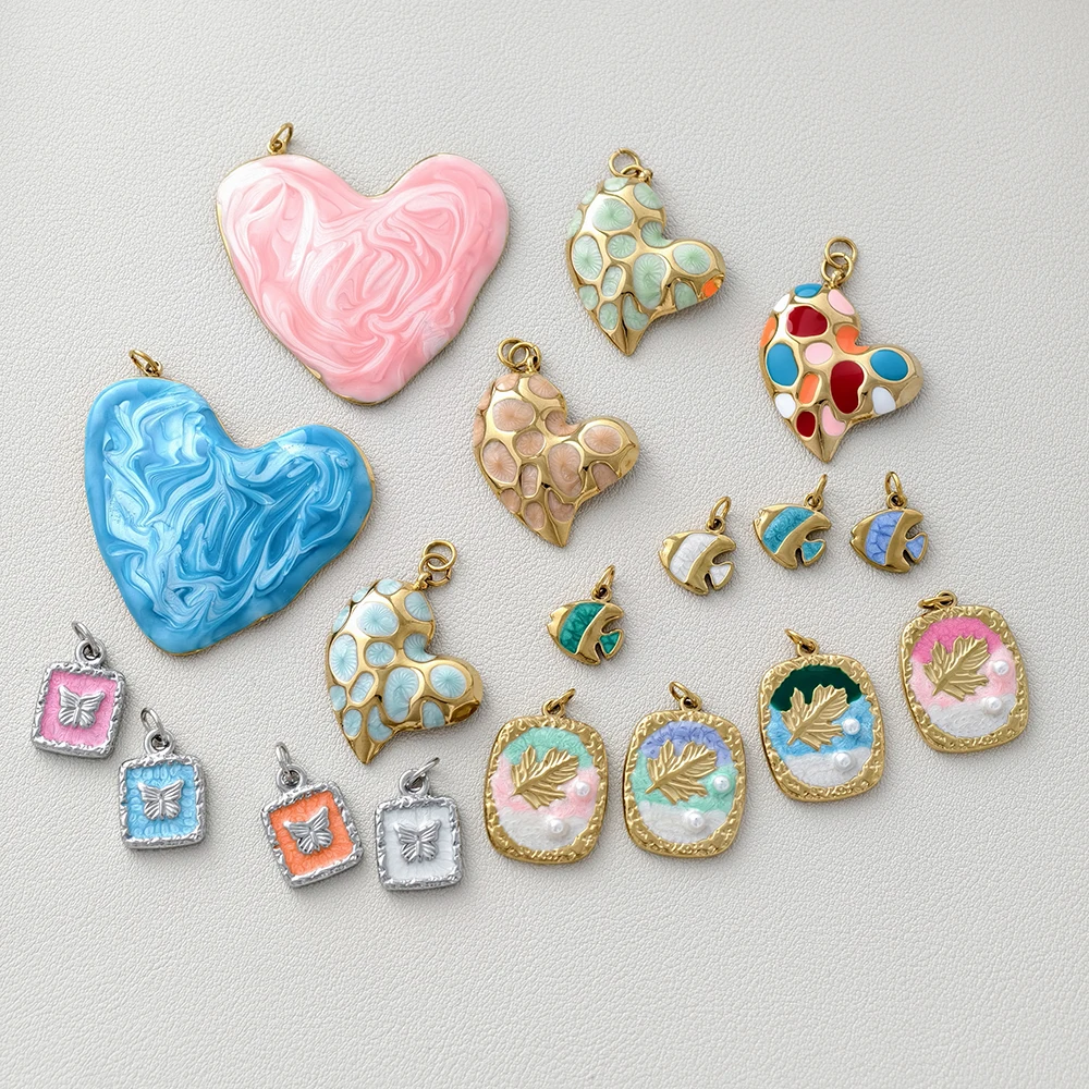 Romantic Enamel Heart Stainless Steel Charms Vintage Embossed Leaf Butterfly Mini Pendants Art Handcrafted Jewelry Supply Kits