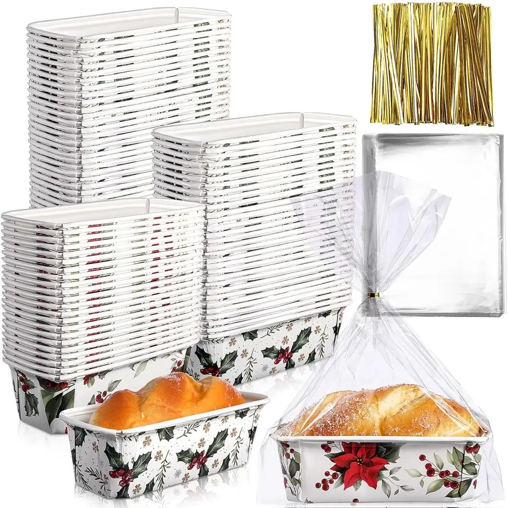 

50-Pack Disposable Christmas Themed Loaf Pan Liners with Bags & Ties, 6.3x2.2x2.2, for Bread & Cakes