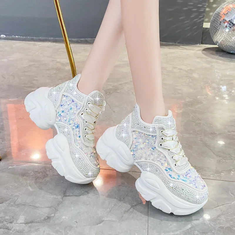 Fashion Shiny Ladies Platform Shoes Sneakers Women Trend 2023 New Spring Platform Lace Up Rhinestone Women Casual Shoes