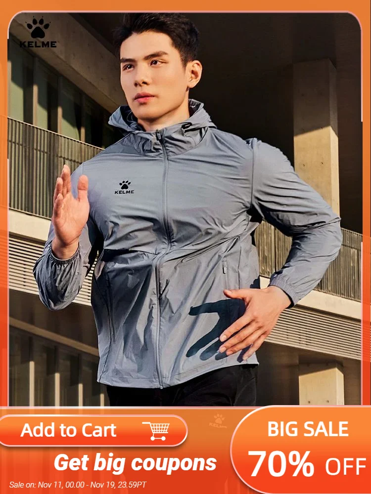 

Kelme Men's Running Jacket Thin Hooded Raincoat Outdoor Running Windproof Jacket Fitness Mountaineering Windbreaker