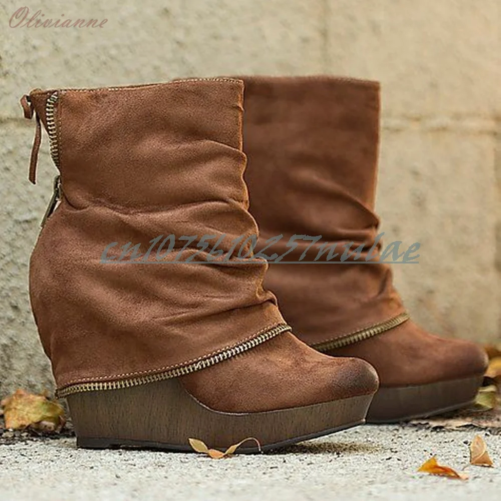 

Zipper Design Back Strappy Ankle Boots Brown Suede Wedges High Heel Retro Style Lady's Women Shoes Back Zipper Platform Autumn