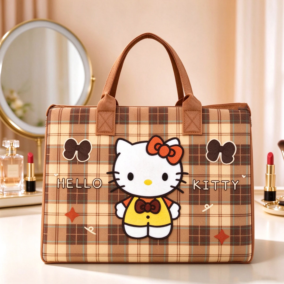 Cute Hello Kitty Felt Tote Bag, Large Makeup Bag, Capacity Handbag Reusable Shopping Bag Casual Storage Shoulder Bag for School