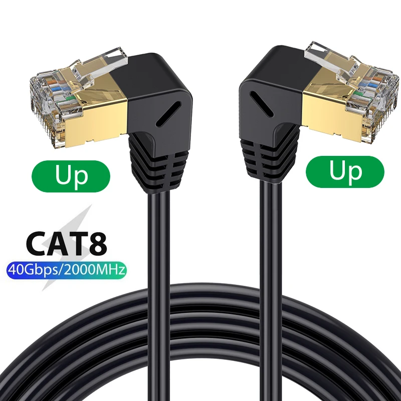 Cat8 kabel Ethernet SFTP 40Gbps 2000MHz Cat 8 RJ45 sieć Lan 90 stopni w górę w dół lewego prawego kąt do internetu RJ45 Superfine Cable