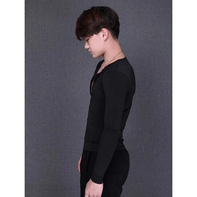 Customized Latin Dance Costume Men's Adult Top Big V-neck Chest Enhancement Practice Dress National Standard Performance Dress