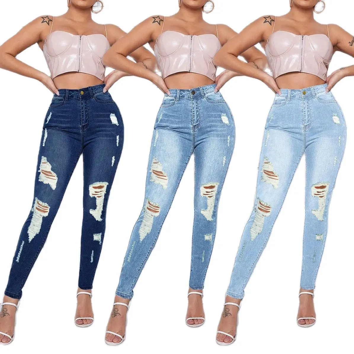 

2023 Spring New Women's High Waist Ripped Jeans Fashion Stretch Slim Denim Pencil Pants Street Trendy Trousers S-2XL