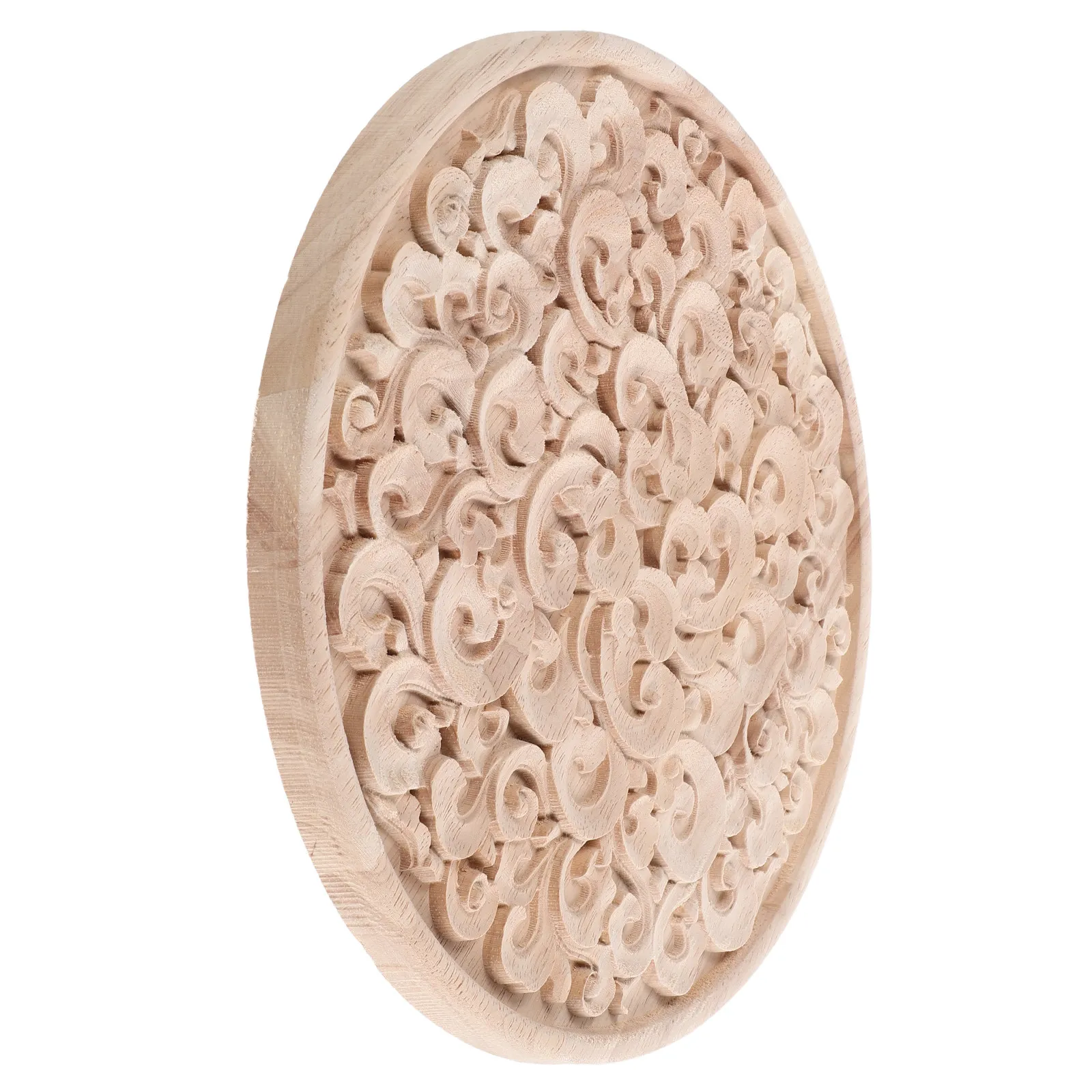 Round Carved Wood Applique 9.5 Inch Unpainted Auspicious Clouds Decorative Onlay for Cabinet Door Wall Furniture Embellishment