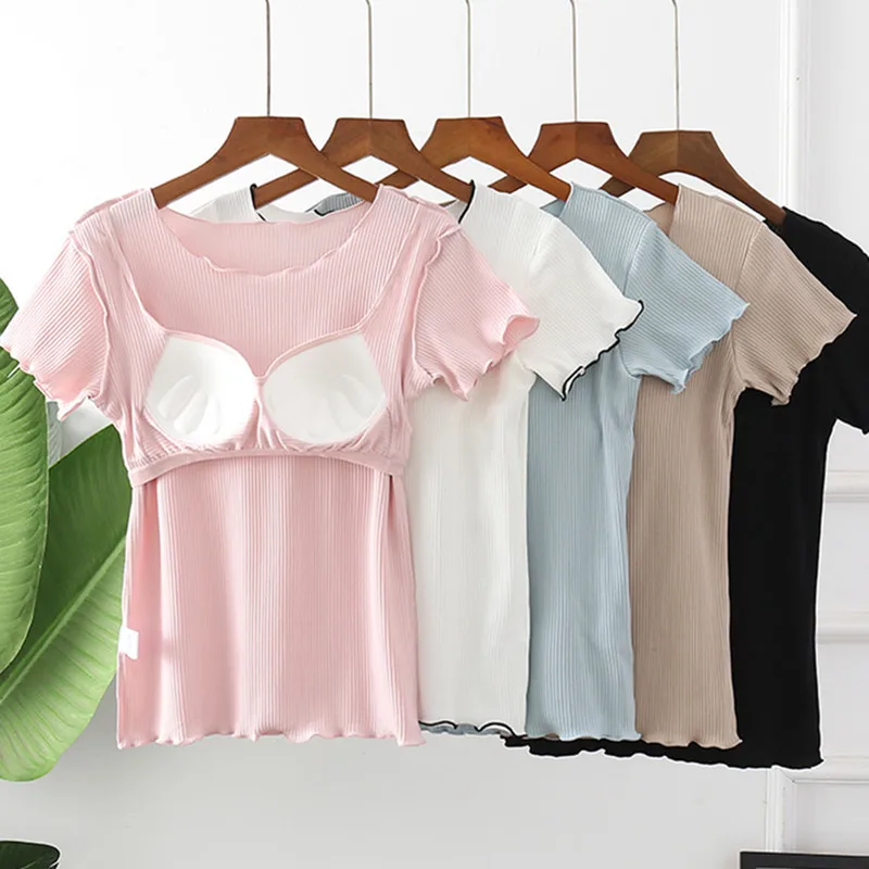 New Cotton Chest Pad Sleepwear T-Shirt Casual Summer Pajamas Tops One Piece Short Sleeve Nightwear Bottoming Shirts