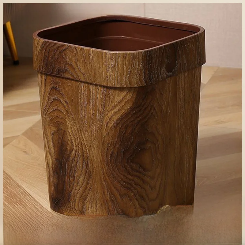 Large Size Wooden Texture Trash Can Home Use Luxury Feel Bedroom Kitchen Uncovered Vintage Creative Trash Can Dustproof Cover