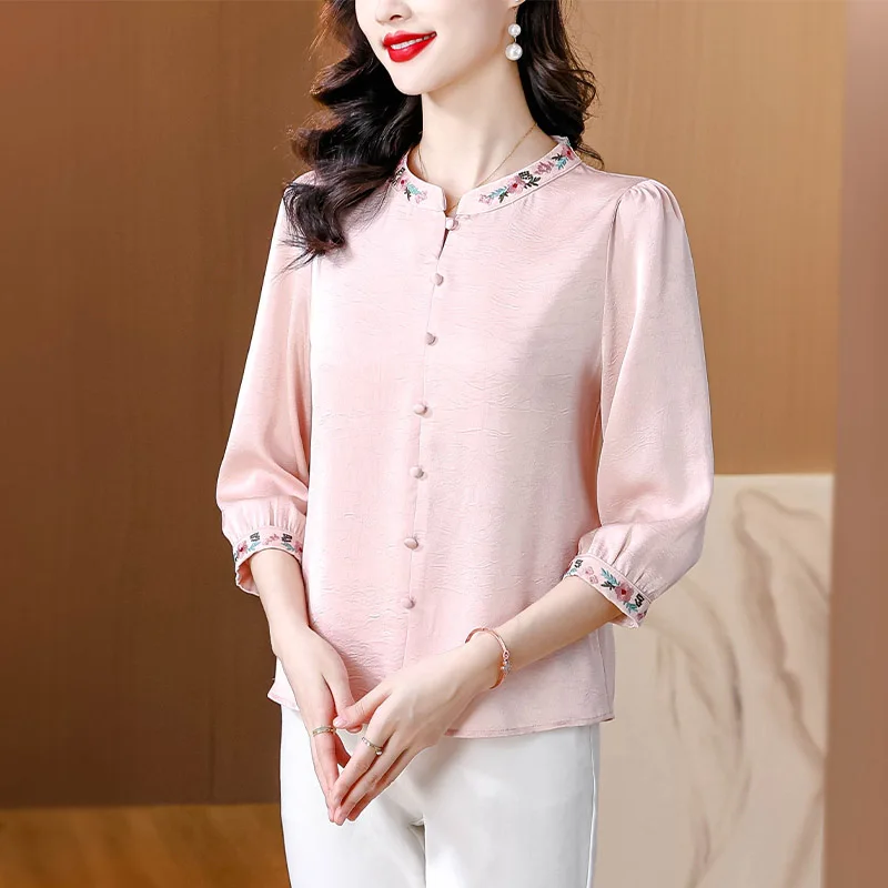 Summer Fashion Chinese Style Solid Half Sleeve Shirt Women Vintage Elegant Half High Collar Blouse Office Lady Embroidery Tops