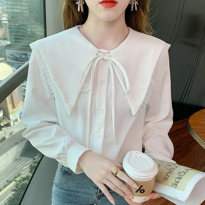 Spring And Autumn Doll Collar Simplicity Refreshing Long Sleeve Shirt Fashion Lacing Bow Single-breasted Sweet Cute Shirt Tops