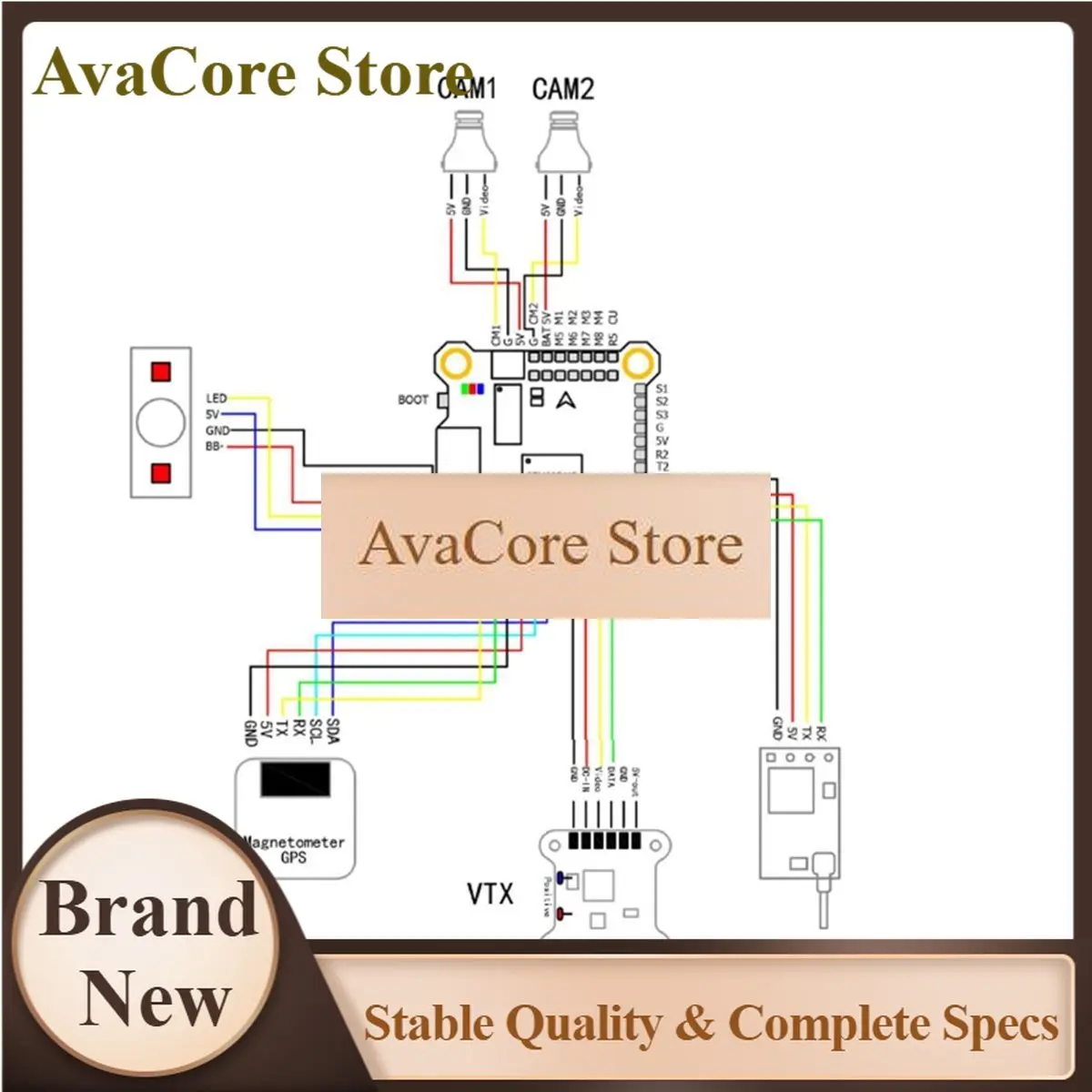 AvaCoreNew Electronics F405 V2 Stack 8S AM32 100A 4in1 ESC+F405 FC Support Beataflight/INAV/ For 13inch 15inch RC FPV Drones