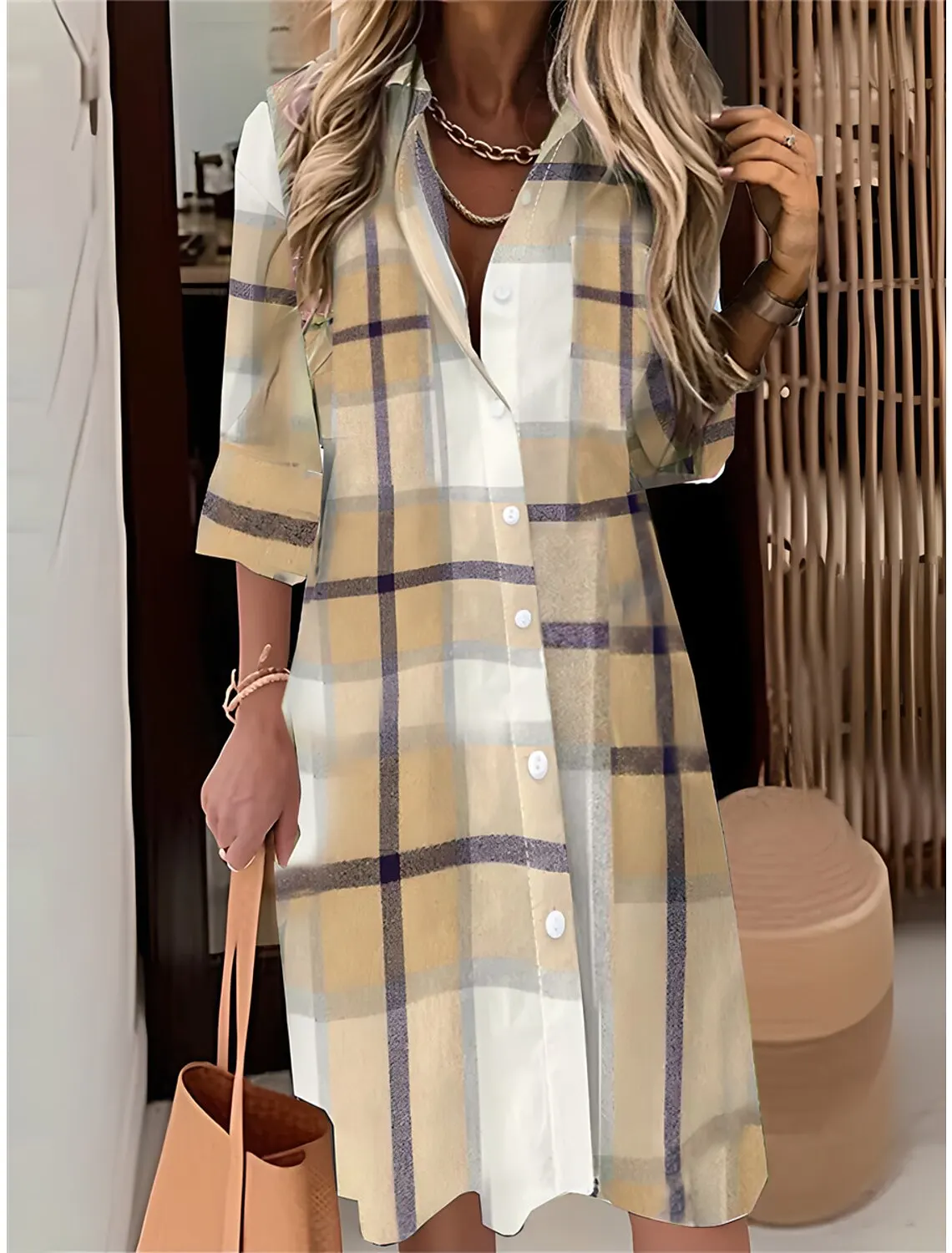 Autumn Elegant Long Sleeve Plaid Shirt Dress Flip Lapel Single Breasted Patchwork Dress Women's Comfortable Commuter Casual Robe