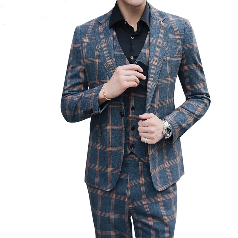 

3 Piece Plaid Men Suits Slim Fit Smart Casual Wedding Dress Notch Lapel Jacket Groom Tuxedos for Business Set(Blazer+Pants+Vest)